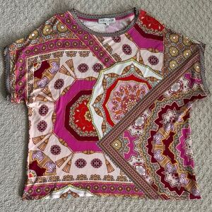 Hale Bob Short Sleeve Boho Blouse Pink Multi XL Colorful Oversized Relaxed Fit